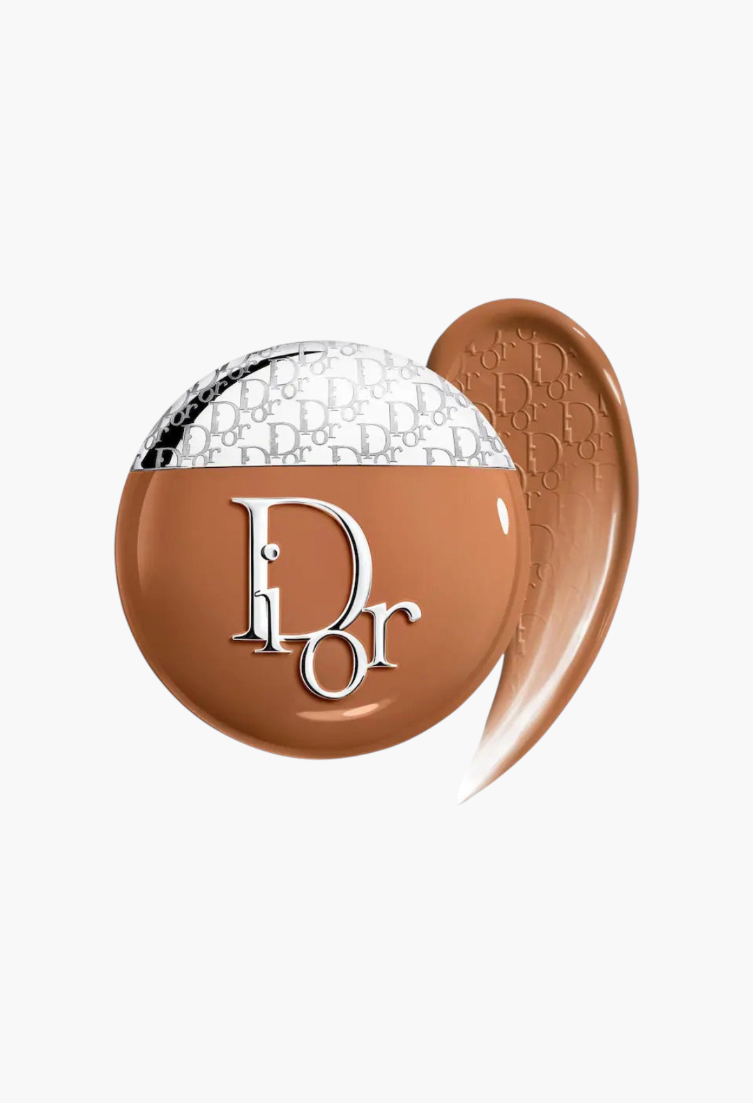 GLAM MODA Dior Backstage Glow-Up Skin Tint in a deep tan shade with a smooth liquid texture and silver logo cap.