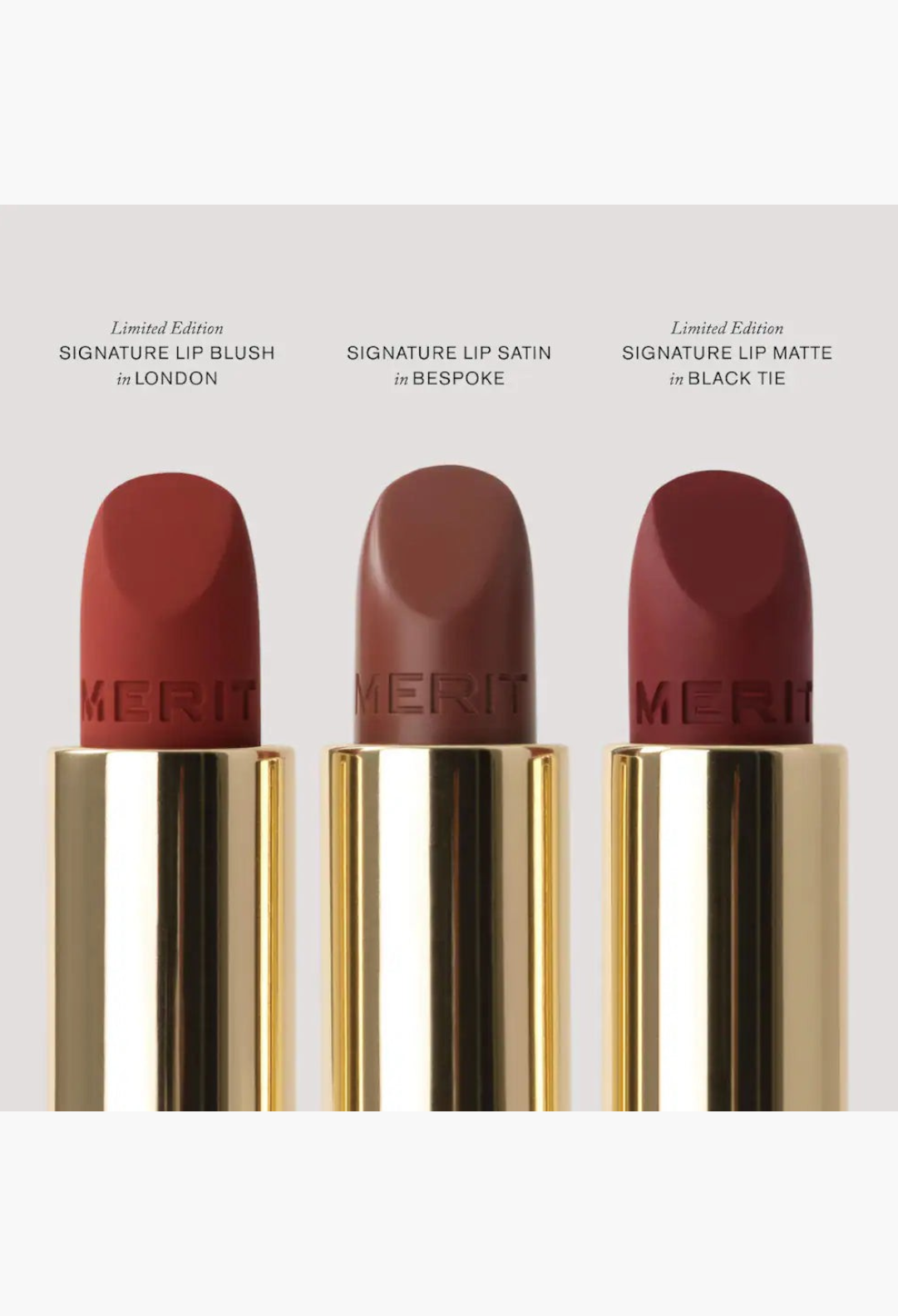 GLAM MODA MERIT x Erdem Signature Lip Gift Set featuring three lipsticks in London, Bespoke, and Black Tie shades.