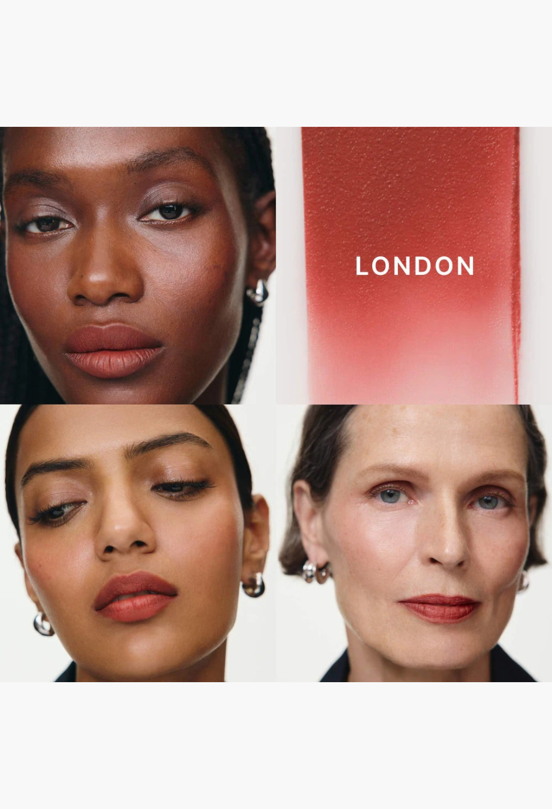 GLAM MODA MERIT x Erdem Signature Lip set featuring three diverse models wearing London brick red lipstick shades