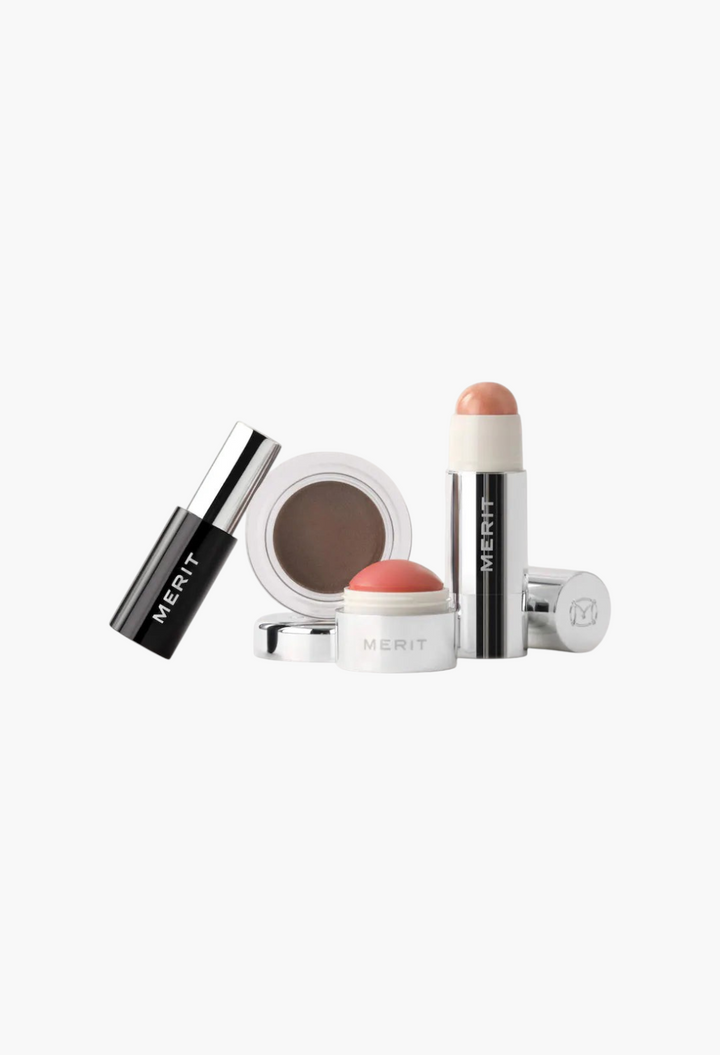 GLAM MODA MERIT x Erdem limited edition makeup gift set featuring cream blush, highlighter, eyeshadow, and mascara.