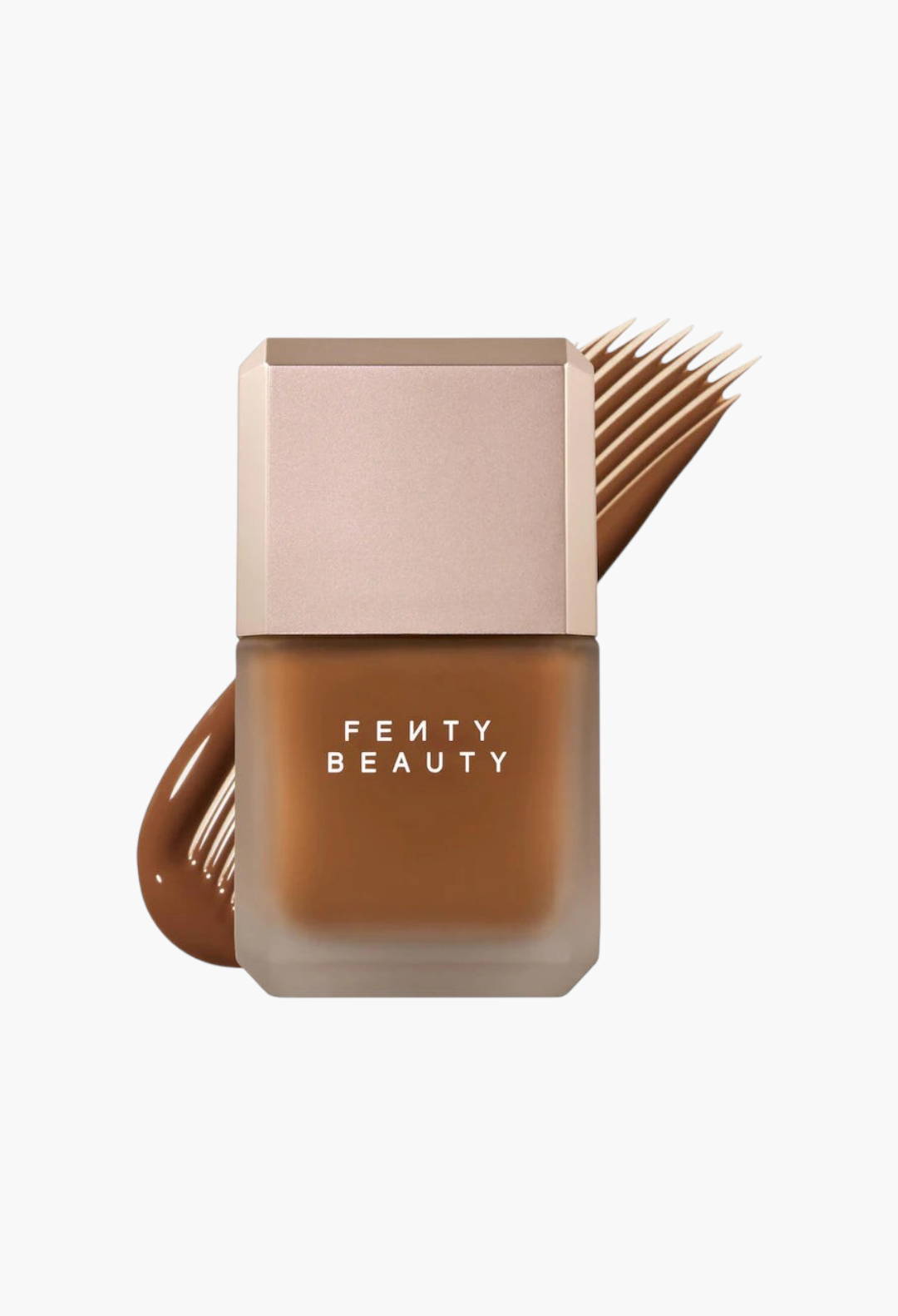 GLAM MODA Fenty Beauty Pro Filt'r longwear liquid foundation in a frosted glass bottle with a swatch of product