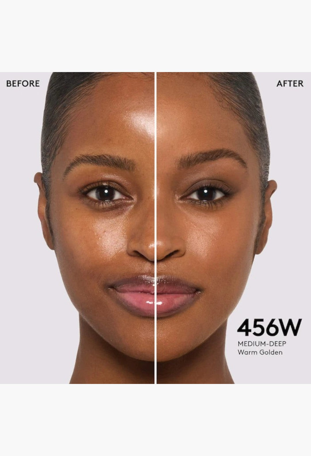 GLAM MODA Pro Filt'r foundation before and after application on a model showing medium-deep warm golden skin tone