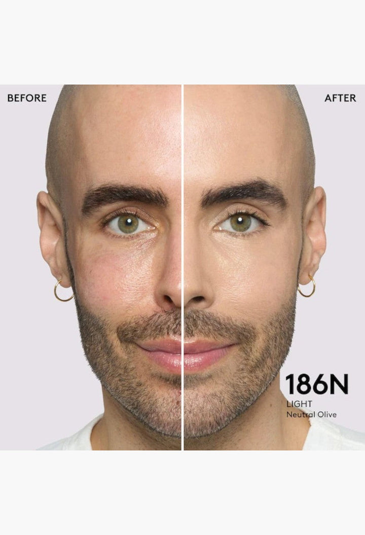 GLAM MODA Pro Filt'r foundation showing before and after application on a model with light neutral olive skin tone