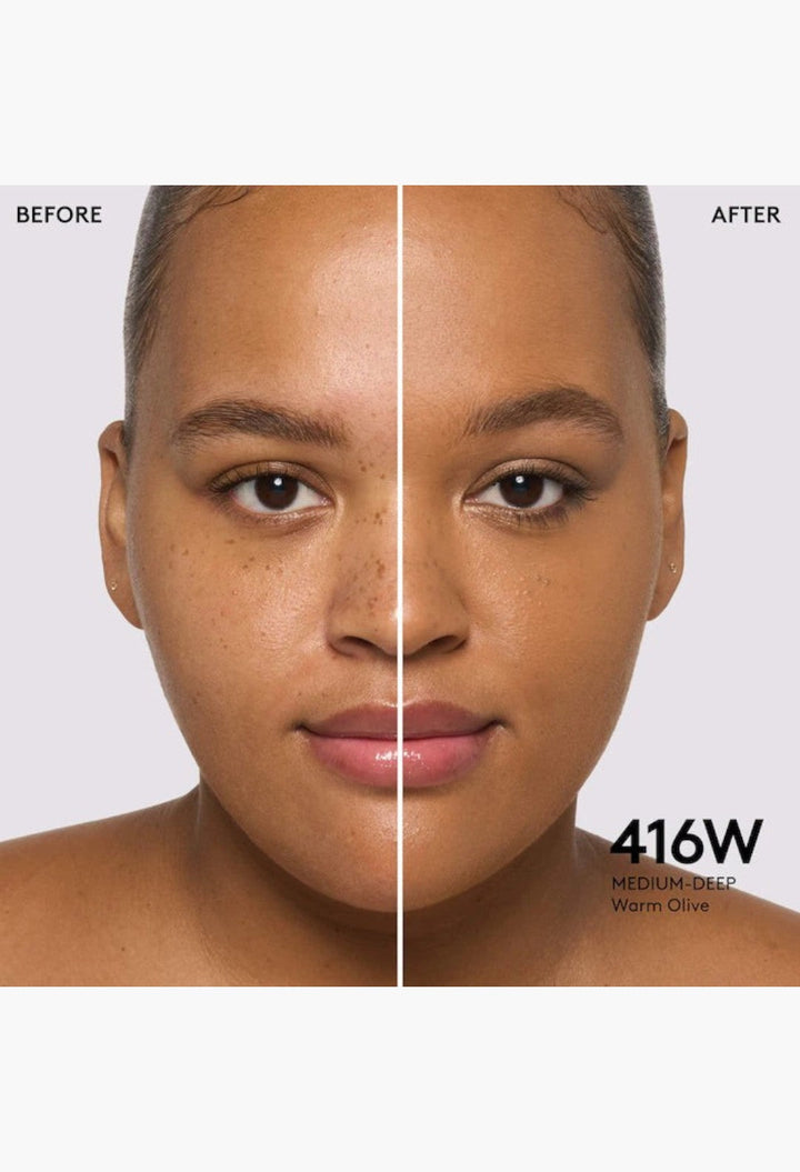 GLAM MODA Pro Filt'r foundation before and after application on medium-deep warm olive skin for a natural matte finish
