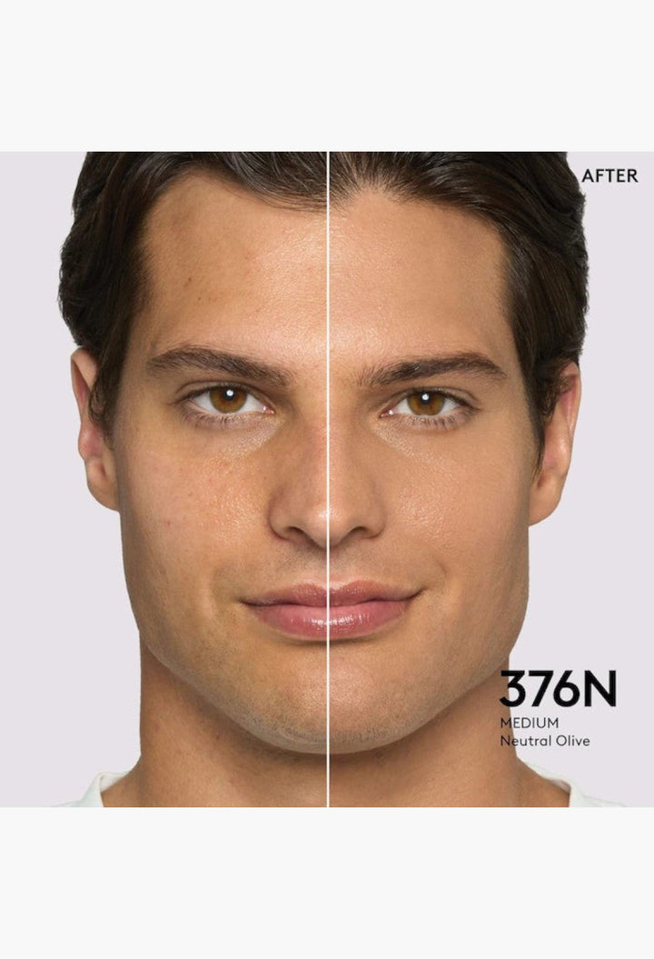 GLAM MODA Pro Filt'r foundation showing a split-face before and after comparison on a man with neutral olive skin.