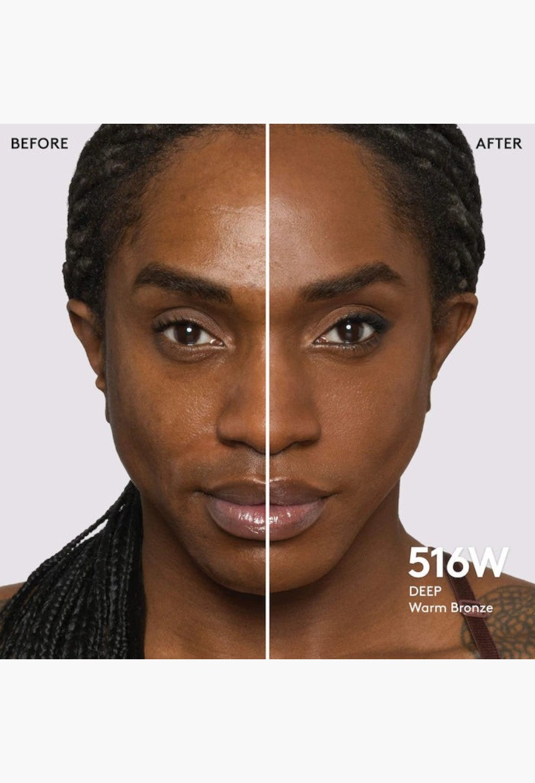 GLAM MODA Pro Filt'r foundation before and after application on deep warm bronze skin showing a natural matte finish