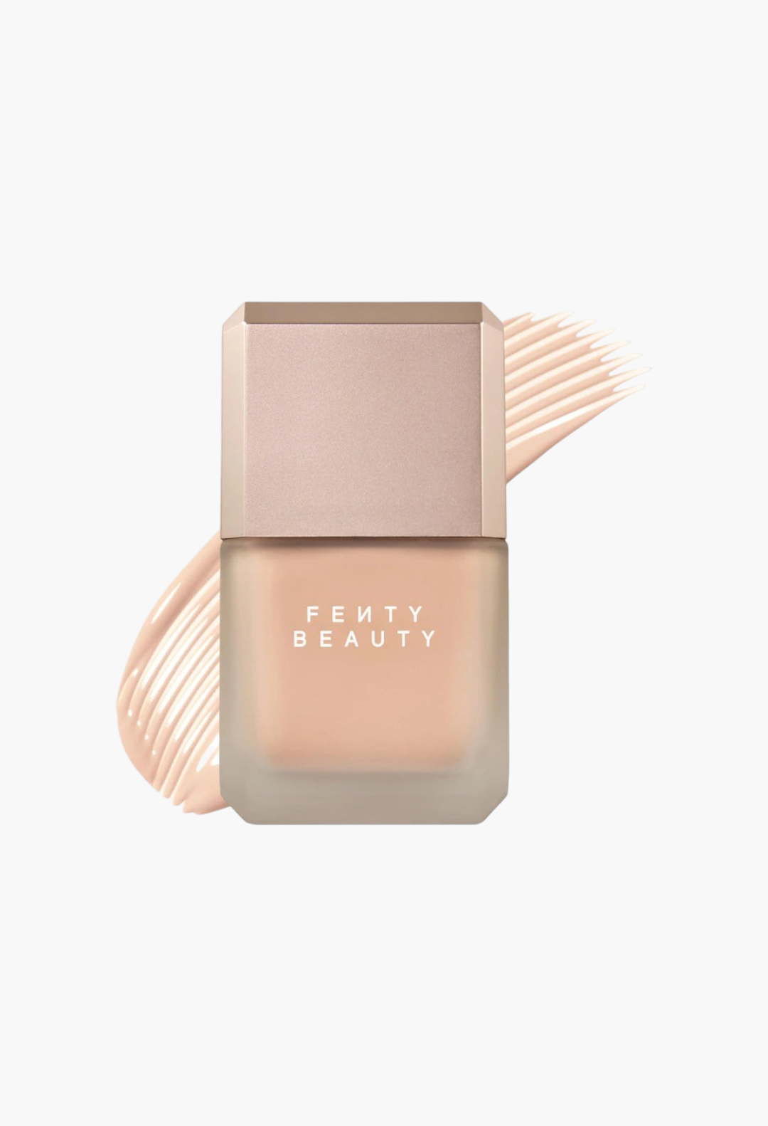 GLAM MODA Fenty Beauty Pro Filt'r liquid foundation bottle with a matte finish and a beige foundation swatch behind.