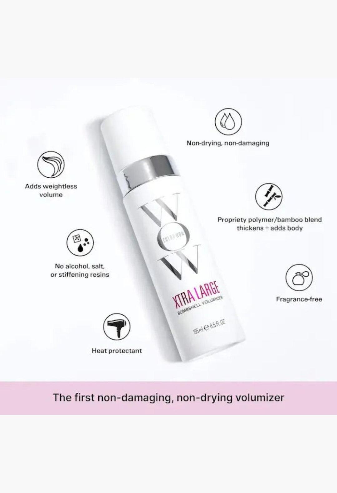 GLAM MODA Color Wow Xtra Large Bombshell Volumizer hair spray bottle with infographic feature highlights