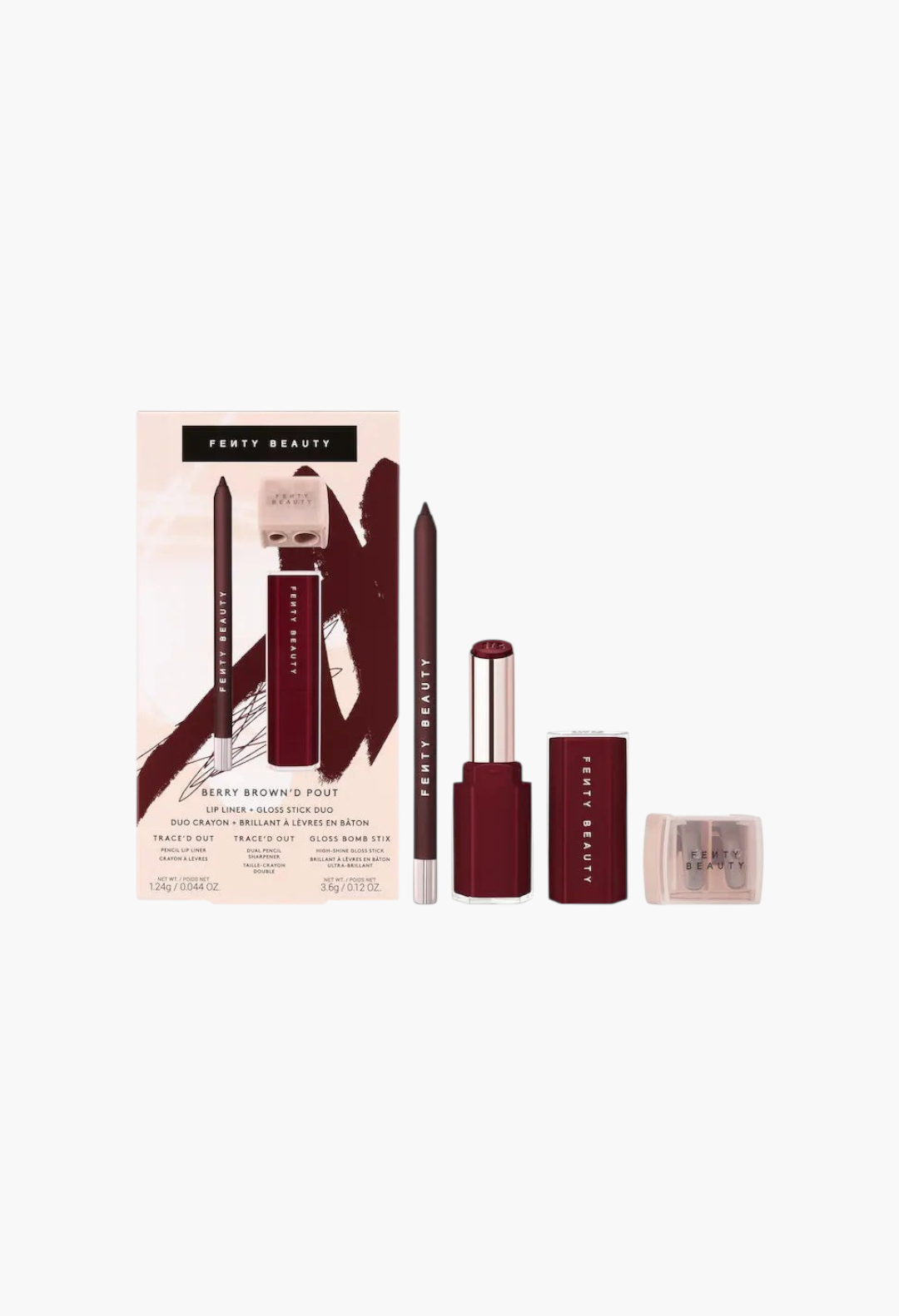 GLAM MODA Berry Brown'd Pout lip liner and high-shine gloss stick set with a dual pencil sharpener in berry tones.