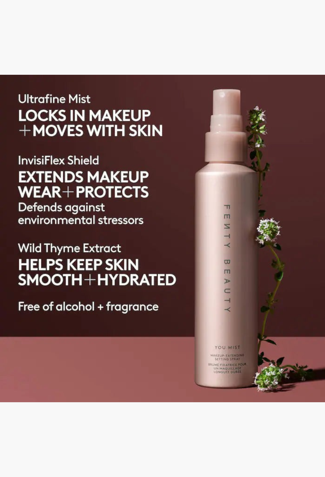GLAM MODA Fenty Beauty You Mist makeup extending setting spray in a metallic pink bottle with floral accents