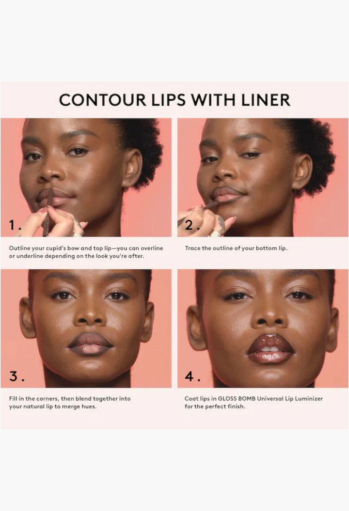 GLAM MODA tutorial showing a model applying lip liner and gloss for a defined pout in four easy steps