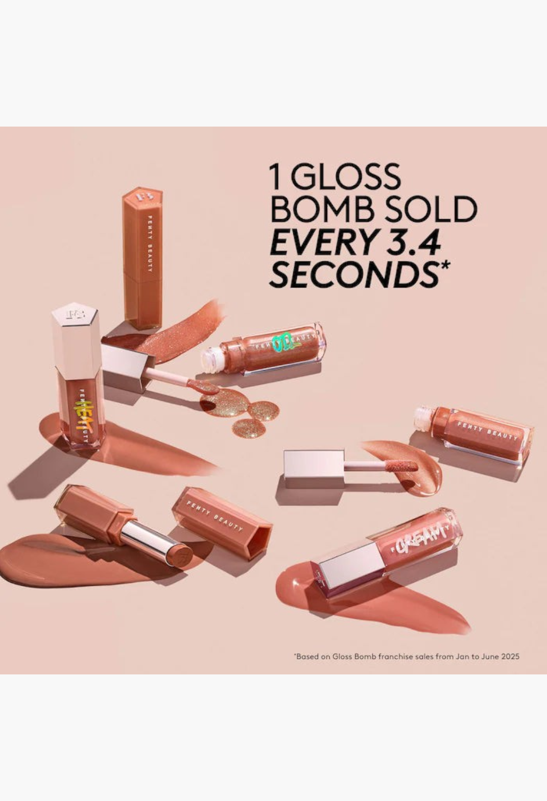 GLAM MODA Glossy Posse lip makeup set featuring various Gloss Bomb shades and lip liner with swatches on a beige background