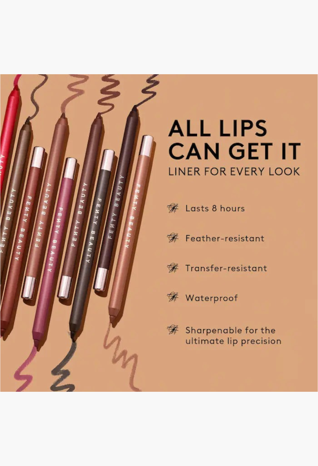 GLAM MODA Fenty Beauty lip liner collection in various shades with swatches on a tan background