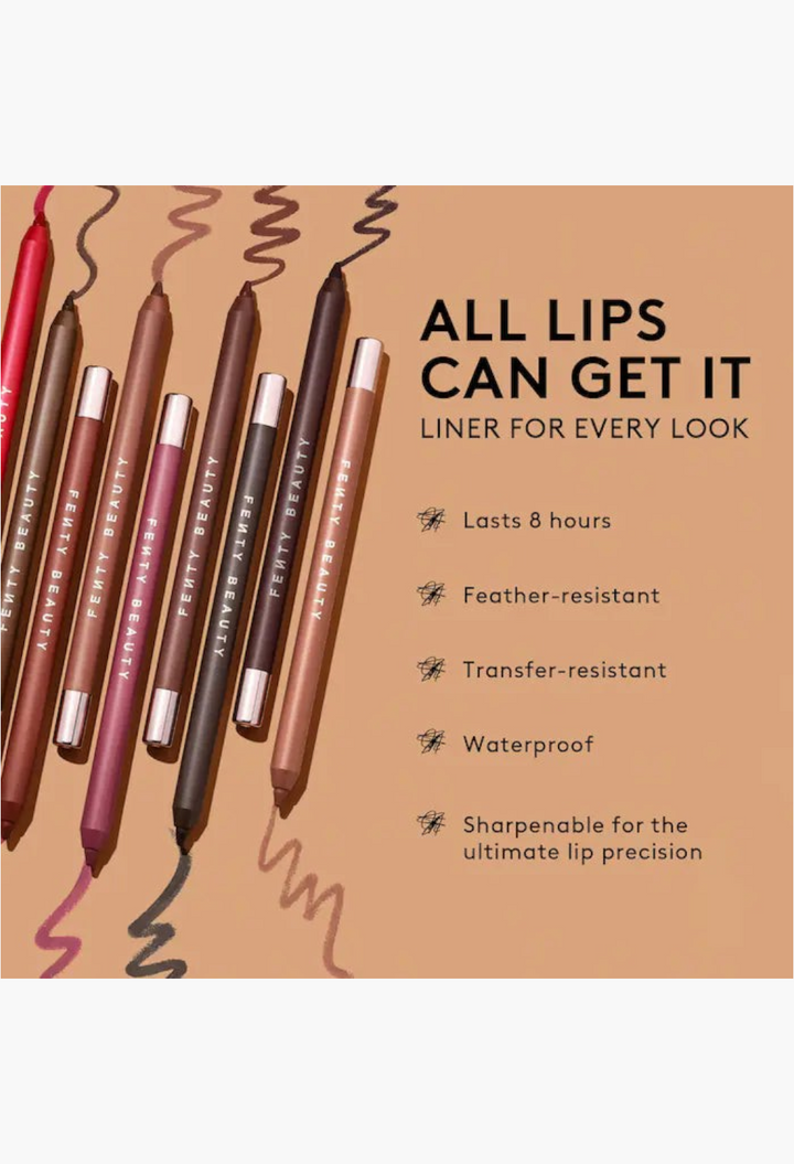 GLAM MODA Fenty Beauty lip liner collection in various shades with swatches on a tan background