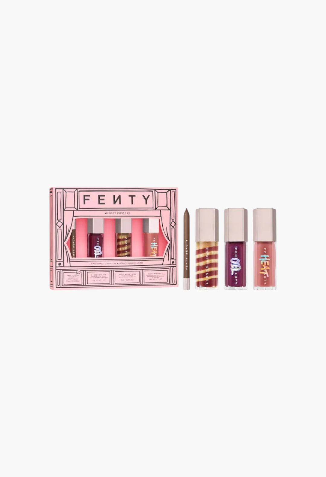 GLAM MODA Glossy Posse IX 4-piece lip makeup set featuring three Gloss Bomb luminizers and a brown lip liner pencil.