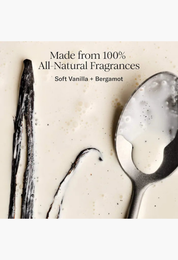 GLAM MODA Vanilla Vibezzz body care ingredients featuring vanilla bean pods and a silver spoon with creamy lotion
