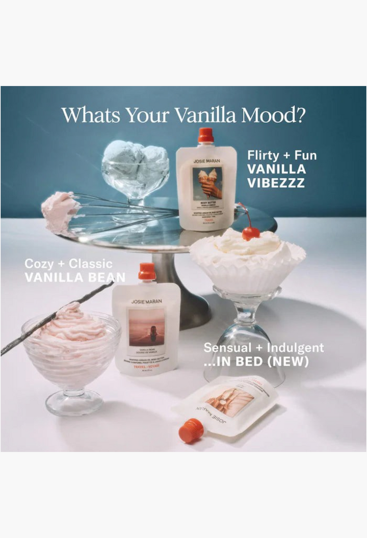 GLAM MODA Josie Maran 3-piece travel-size whipped argan oil body butter gift set in vanilla scents with dessert styling.