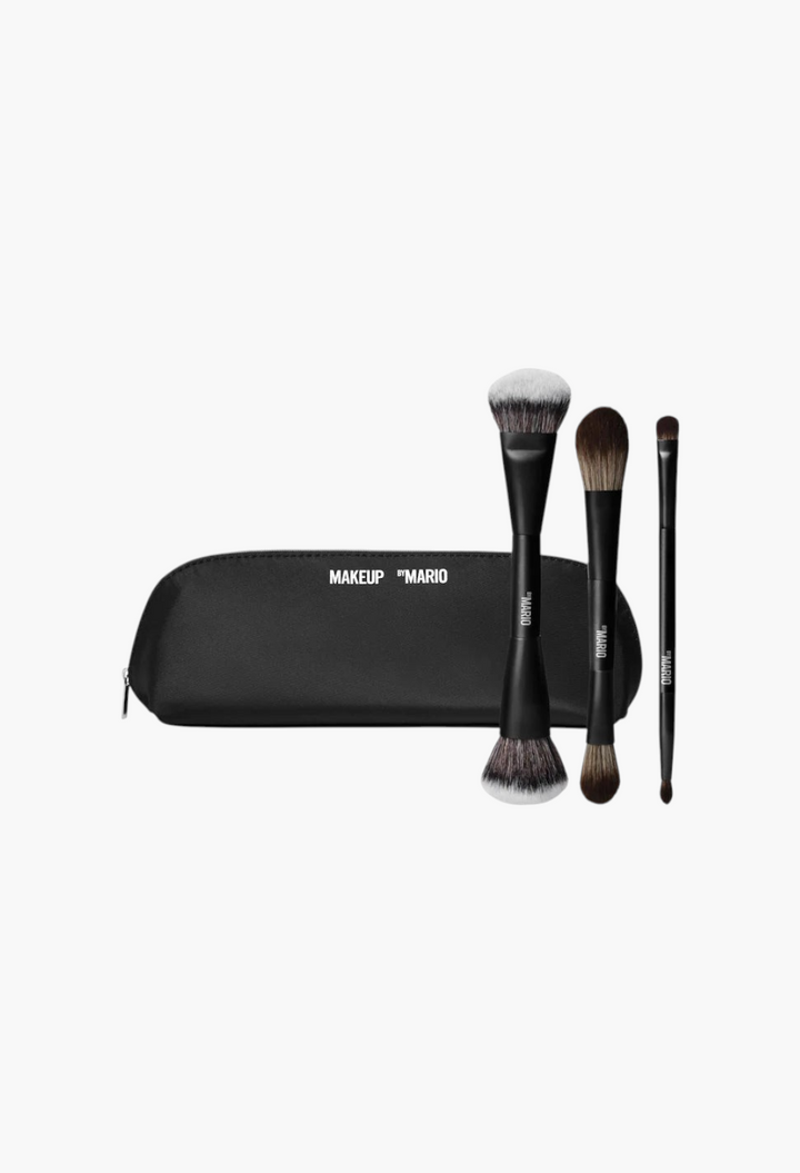 GLAM MODA Mario's Face and Eye Trio set featuring three dual-ended vegan makeup brushes and a black nylon case.