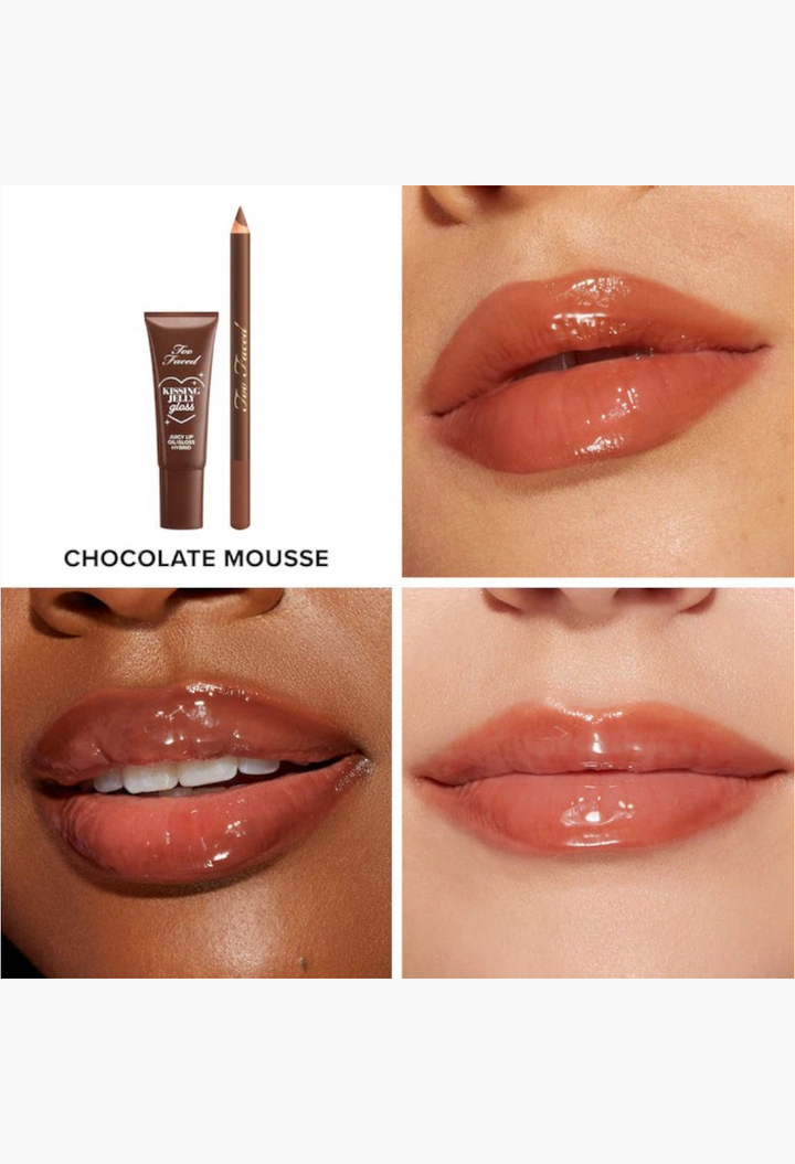 GLAM MODA Chocolate Mousse lip liner pencil and nourishing oil gloss set with cocoa-toned swatches on lips