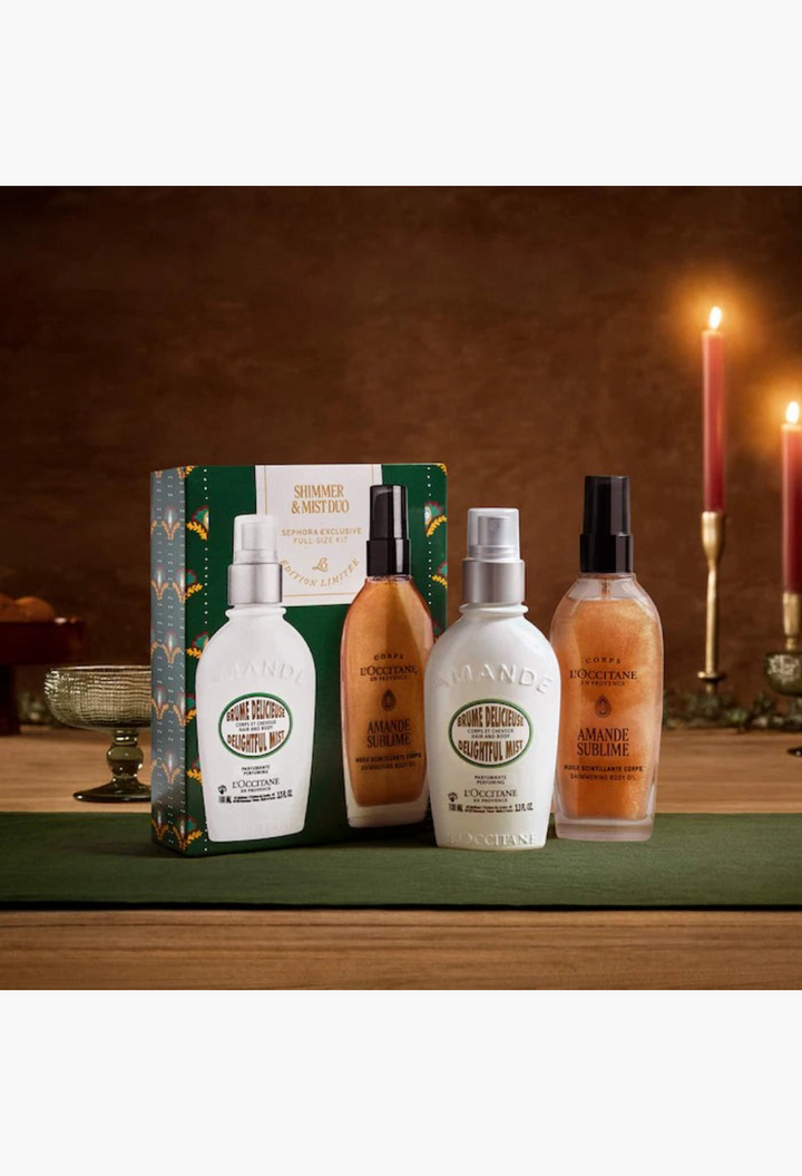 GLAM MODA Almond Shimmer and Mist gift set featuring a hair and body fragrance mist and a golden shimmering body oil.