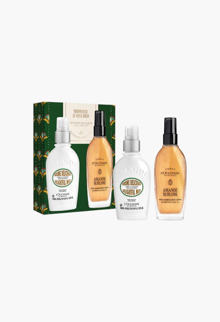 GLAM MODA Almond Shimmer and Mist body gift set featuring a fragrance mist and shimmering body oil in a gift box.