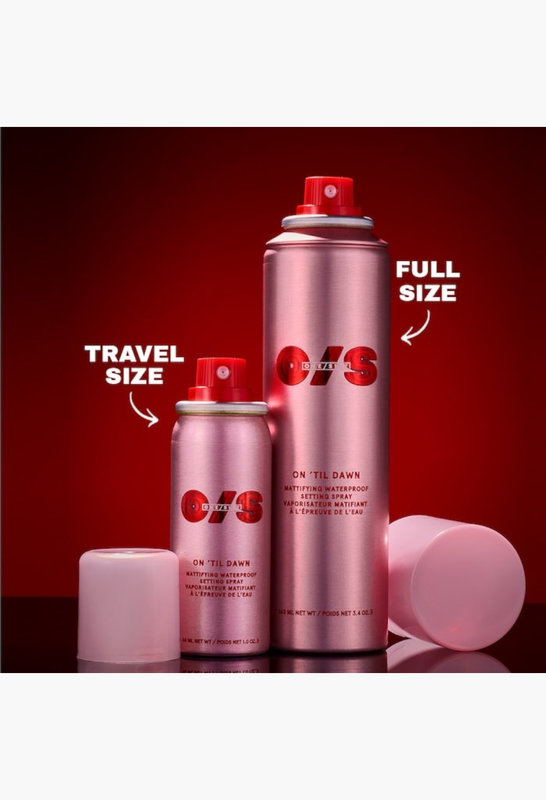 GLAM MODA On 'Til Dawn mattifying waterproof setting spray in full and travel sizes with metallic pink aerosol cans.