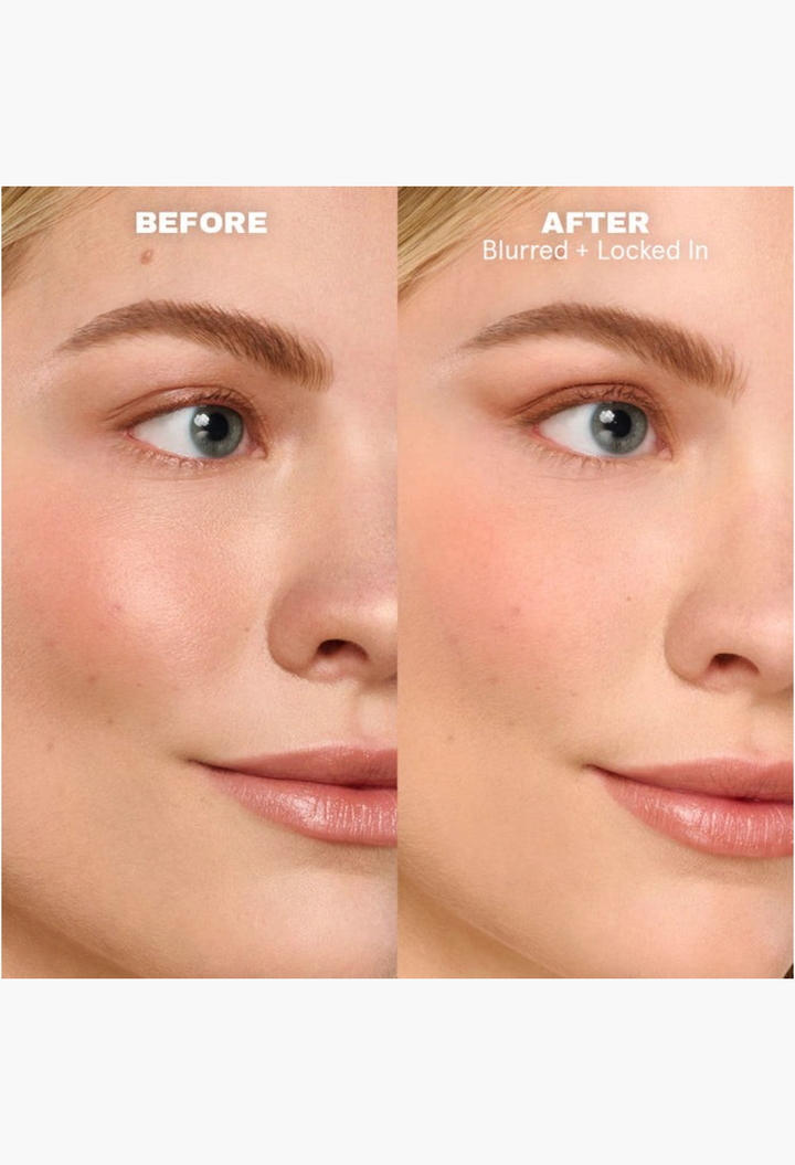 GLAM MODA On 'Til Dawn setting spray before and after comparison showing blurred skin texture and locked-in makeup