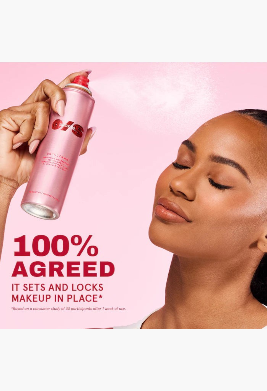 GLAM MODA On 'Til Dawn mattifying waterproof setting spray being applied by a woman for a long-lasting matte finish
