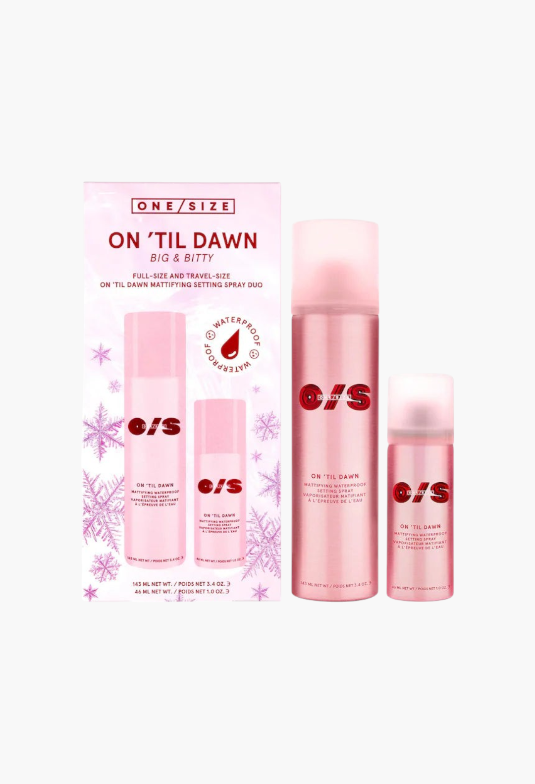 GLAM MODA On 'Til Dawn mattifying setting spray duo in full and travel sizes with pink metallic aerosol bottles.