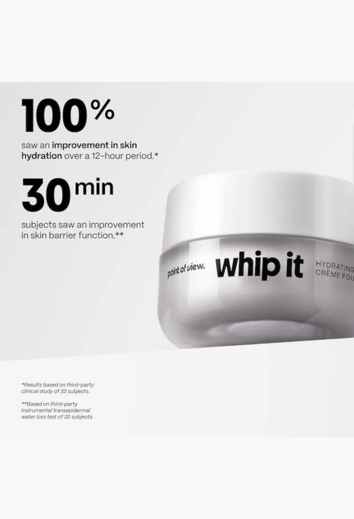 GLAM MODA Whip It hydrating whipped cream jar with clinical results text on a clean white background.
