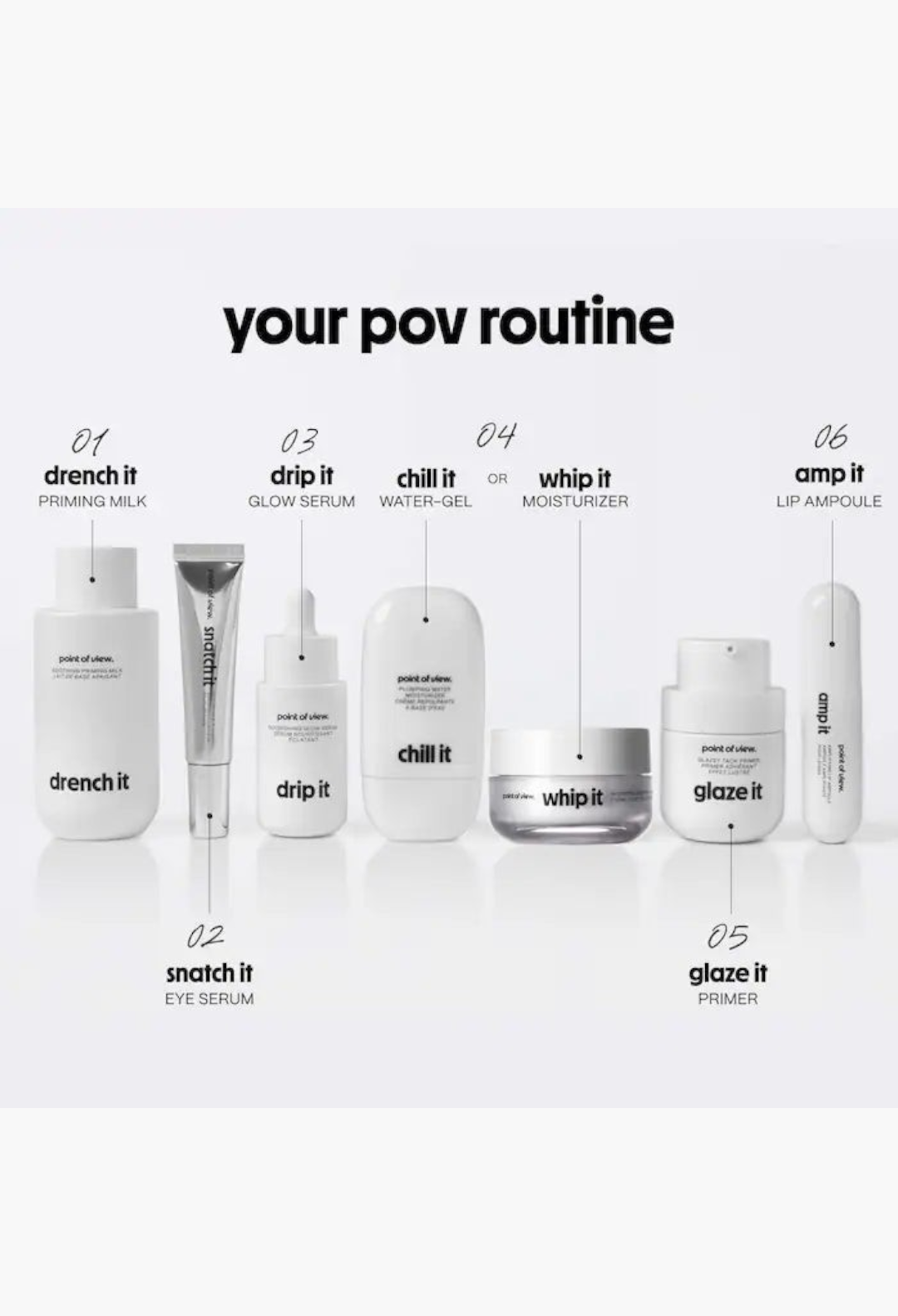 GLAM MODA skincare routine set featuring white bottles and jars of drench it, snatch it, drip it, chill it, whip it, glaze it, and amp it products.