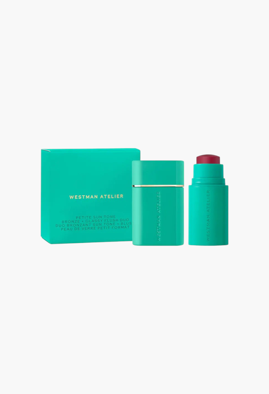 GLAM MODA Westman Atelier mini bronzing drops and pH-adaptive blush stick duo in teal packaging on white background