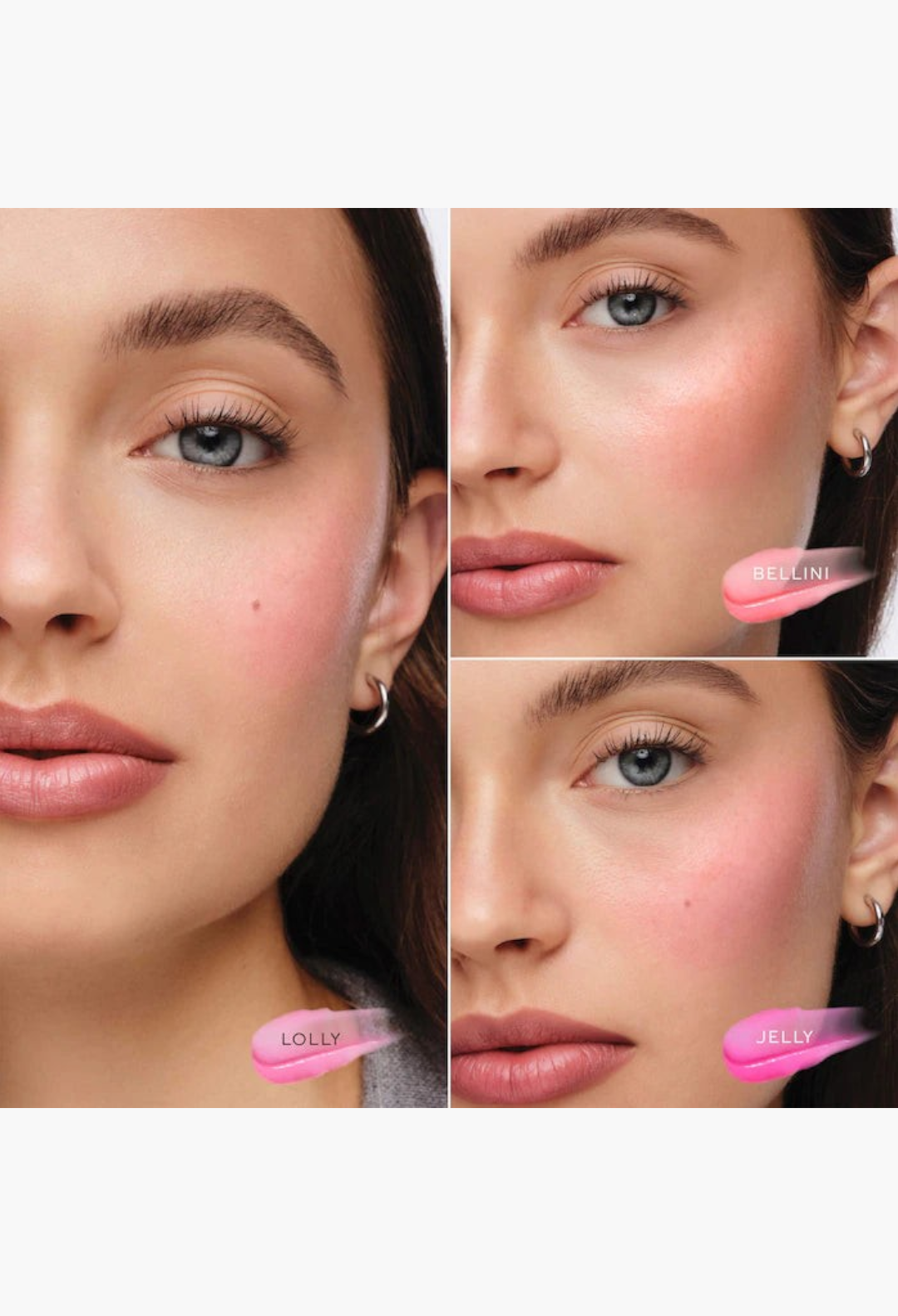 GLAM MODA makeup model showing three different shades of pH-adaptive blush on cheeks for a natural glassy flush