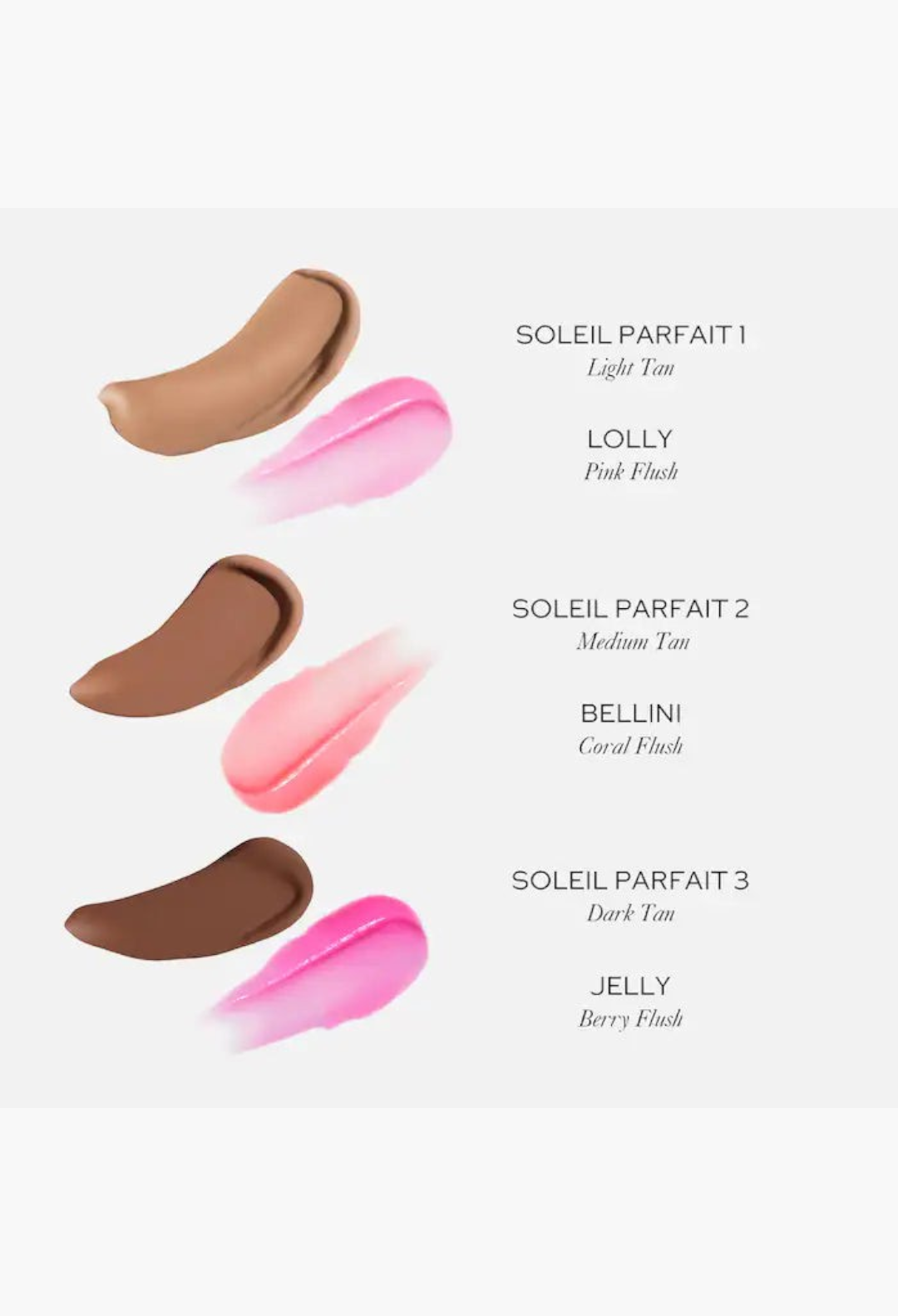 GLAM MODA bronzing drops and pH-adaptive blush swatches in light, medium, and dark tan shades with pink, coral, berry.