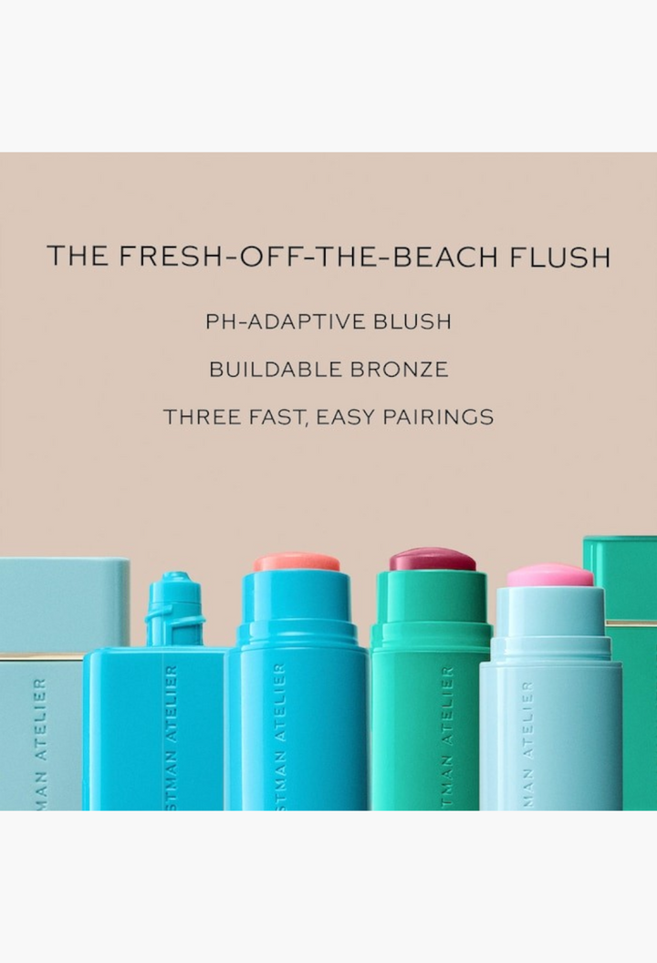 GLAM MODA mini bronzing drops and pH-adaptive blush sticks in colorful packaging for a beach-inspired makeup look.