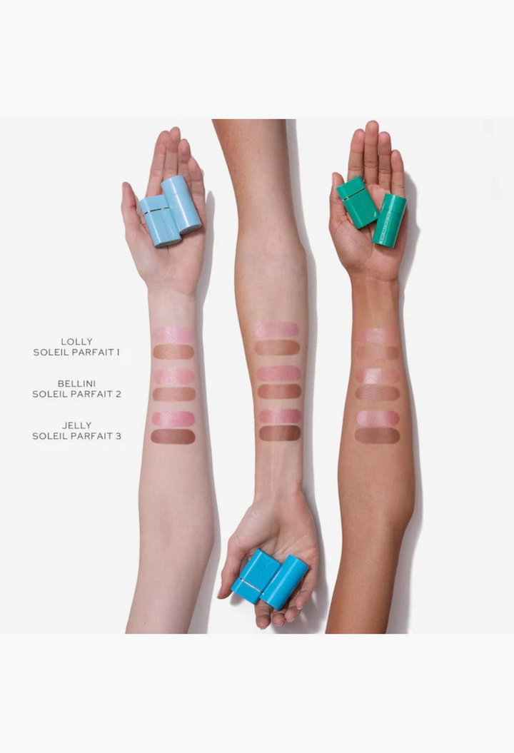 GLAM MODA mini bronzing drops and pH-adaptive blush stick swatches on three different skin tones for a beachy glow.