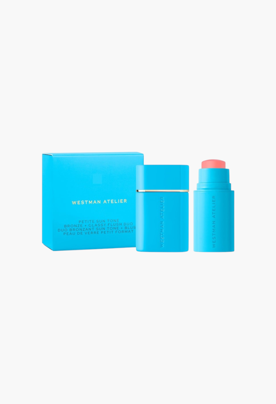 GLAM MODA Westman Atelier mini blush stick and box in bright blue packaging for a glassy, sun-kissed makeup look.