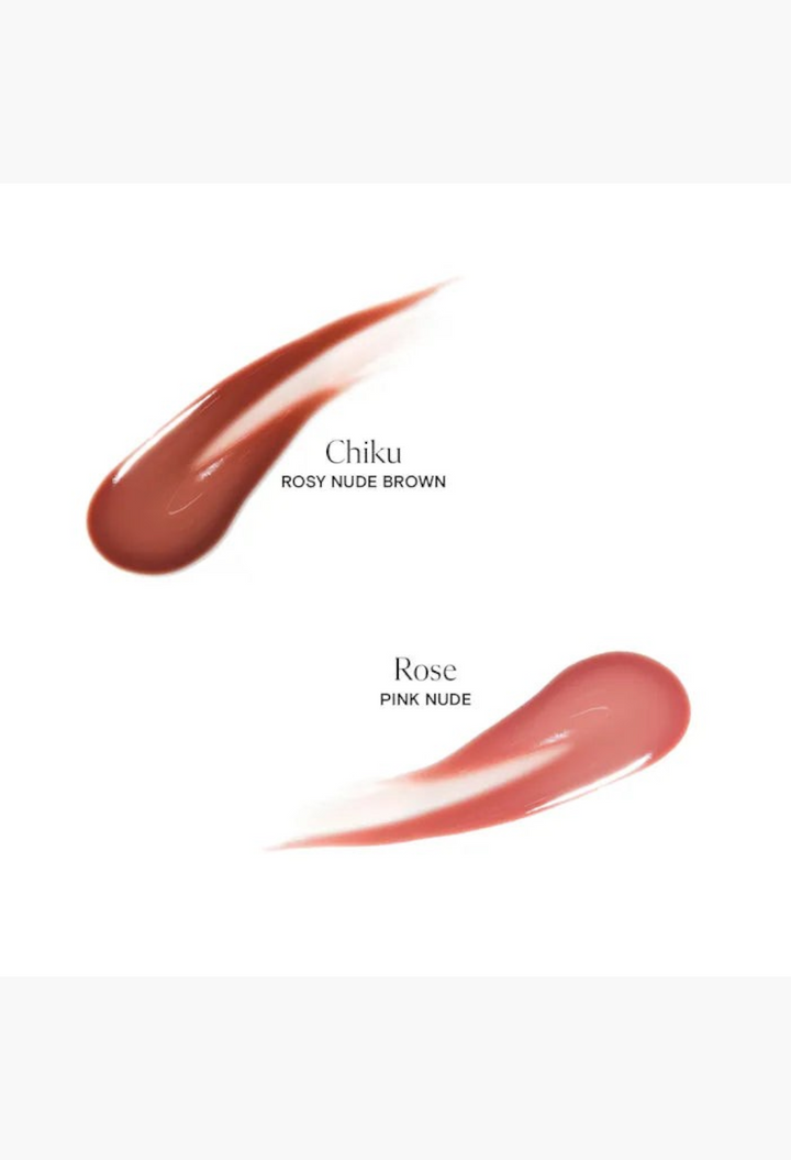 GLAM MODA Lassi Lip Oil swatches in Chiku rosy nude brown and Rose pink nude shades on a white background.