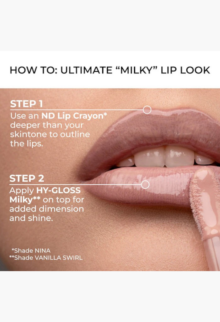GLAM MODA HY-GLOSS Milky tinted lip gloss balm in Vanilla Swirl shade applied to lips for a high-shine finish.