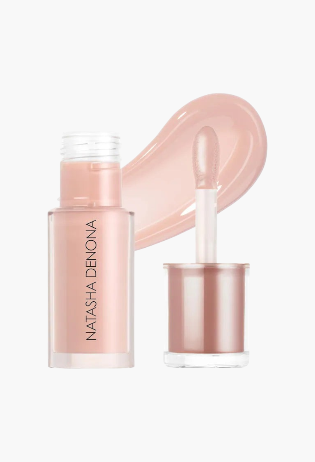 GLAM MODA HY-GLOSS milky tinted lip gloss balm in a soft nude shade with a high-shine applicator and product swatch.