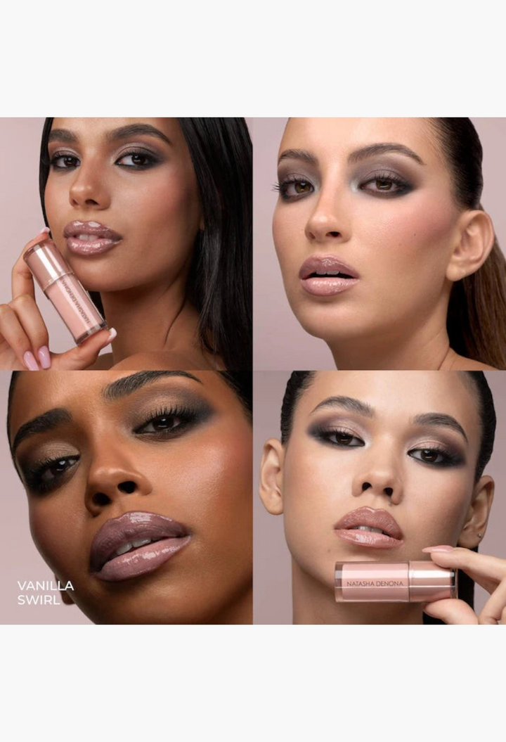 GLAM MODA HY-GLOSS Milky Tinted Lip Gloss Balm in Vanilla Swirl worn by models for a high-shine hydrating finish.