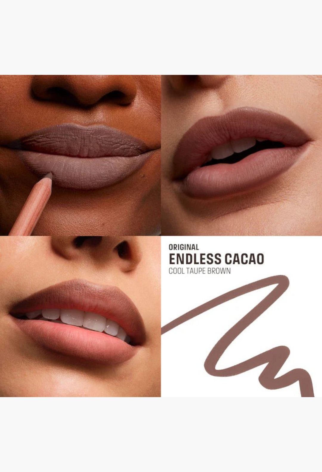 GLAM MODA Artist Color Pencil in Endless Cacao, a cool taupe brown lip liner shown applied on diverse skin tones.