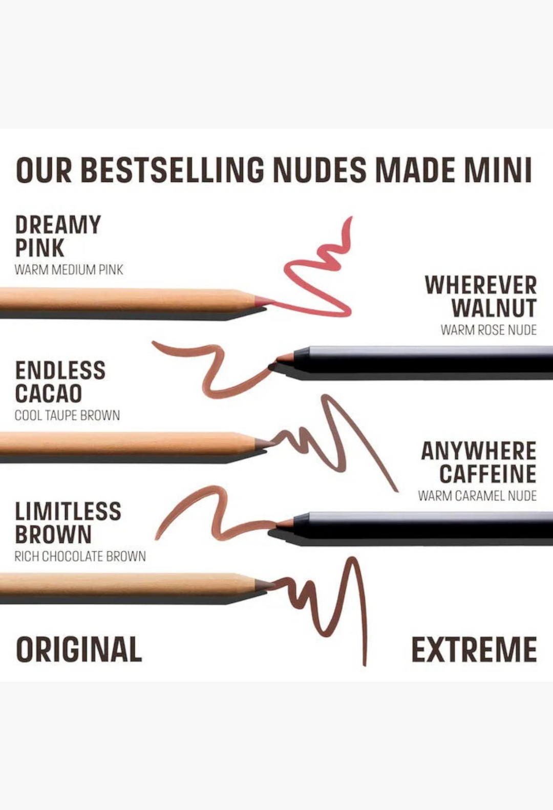 GLAM MODA mini lip liner set featuring five shades in original and extreme long-lasting formulas with color swatches.