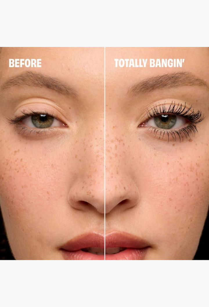 GLAM MODA before and after comparison showing natural lashes versus lashes with volumizing mascara applied