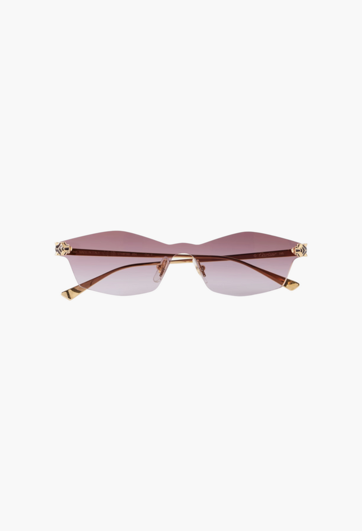 GLAM MODA Panthère de Cartier D-frame sunglasses with gold-tone metal temples and purple gradient lenses.