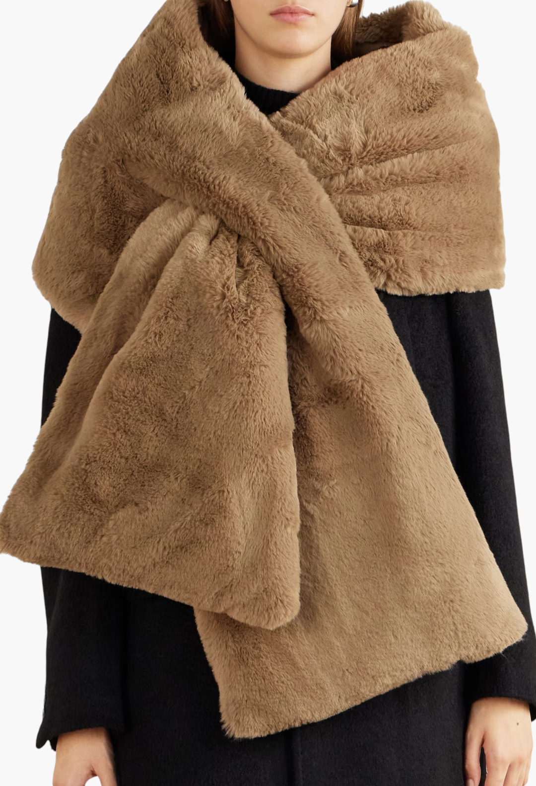 GLAM MODA Piacere plush brown scarf with a slot-through bow fastening worn over a black coat