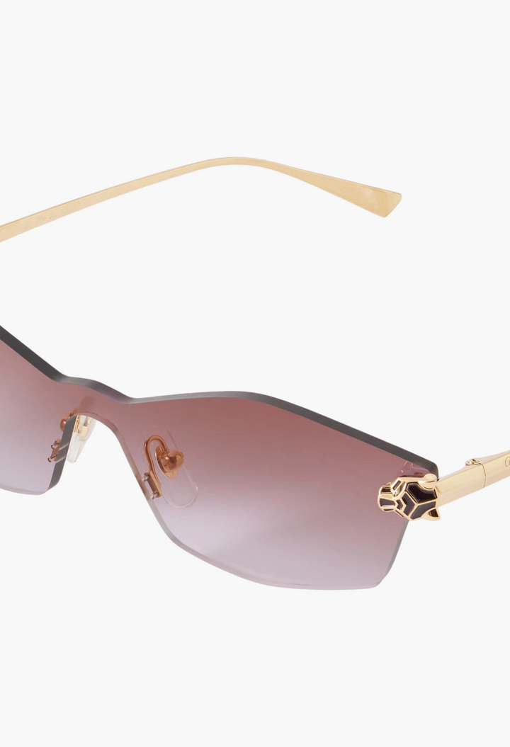 GLAM MODA Panthère de Cartier D-frame sunglasses with gold-tone metal frames and purple gradient lenses.