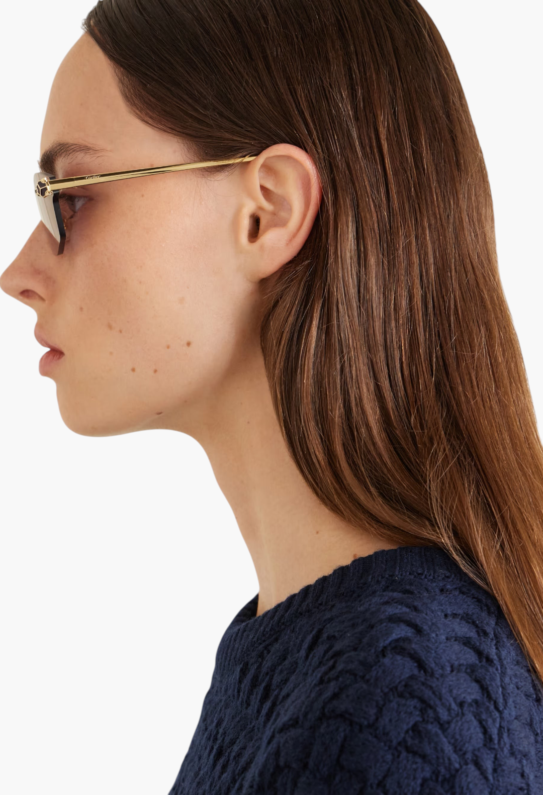 GLAM MODA Cartier Panthère D-frame sunglasses in gold-tone metal with purple lenses worn by a model in profile view
