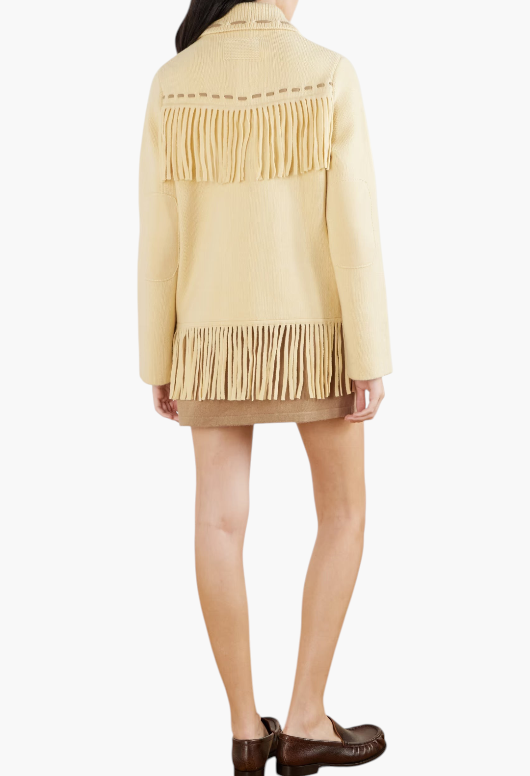 GLAM MODA yellow wool-blend Western jacket with long fringe detailing on the yoke and hem, worn by a model.