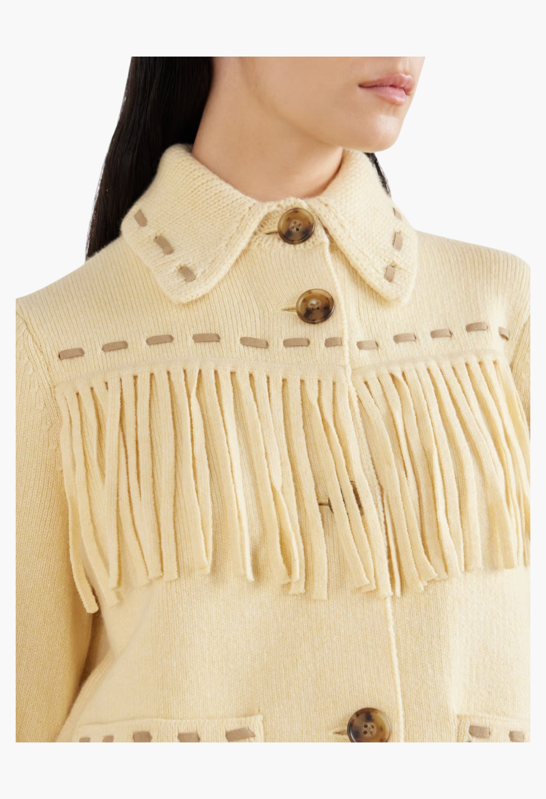 GLAM MODA yellow wool-blend Western jacket featuring long fringe, stitched trim, and button-down closure.